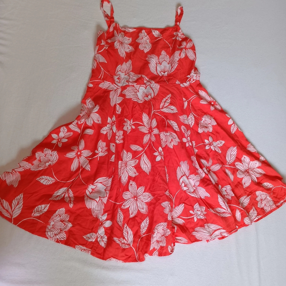 Tropical Sz M Orange and White Flowy Sundress Adjustable Spaghetti Straps